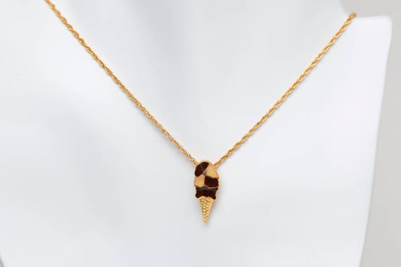 Vintage Ice Cream Cone Necklace NOS Enameled Metal Pink Brown Dessert Gold Tone
