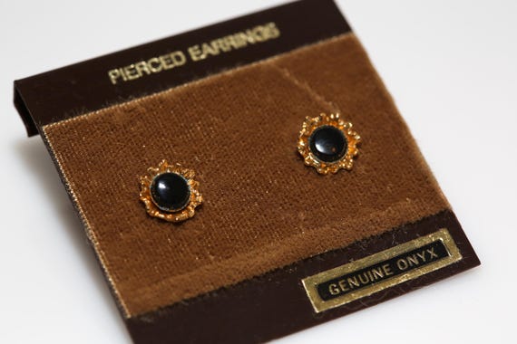 Vintage Genuine Onyx Flower Earrings Studs NOS Original Card