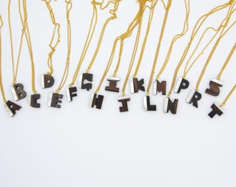 Vintage Wood MOP Inlay Initial Letter Pendant Charm Necklace Wooden Gold Chain