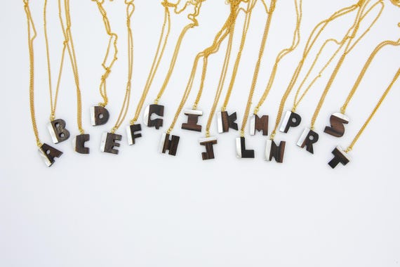 Vintage Wood MOP Inlay Initial Letter Pendant Charm Necklace Wooden Gold Chain
