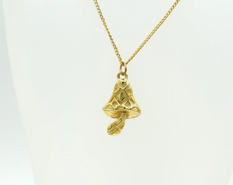 Vintage Gold Tone Mushroom Pendant Necklace: Psychedelic Retro Hippie Fungi NOS