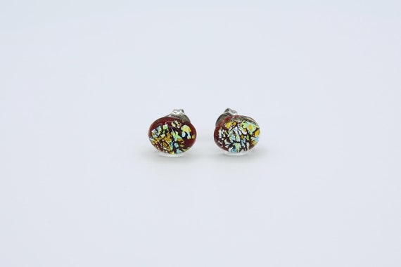 Vintage Small Red Confetti Stud Earrings Pierced Oval Glitter Studs Resin Earrings
