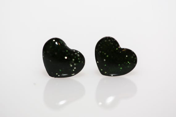 Vintage Sparkle Heart Studs - NOS Black Glitter Heart Stud Earrings 1980s