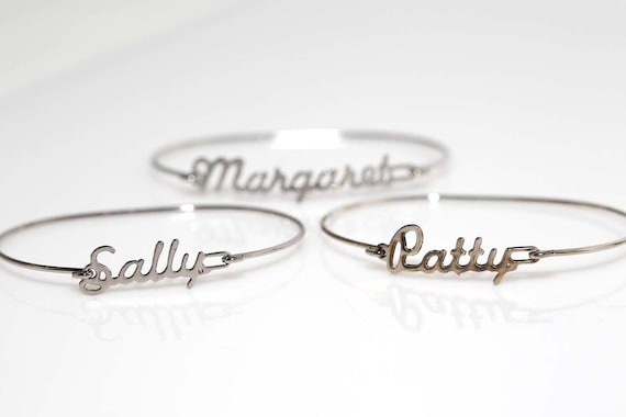 Vintage Silver Name Bracelets - NOS Bangle Cursive Names Silver Tone Sally Patty Margaret