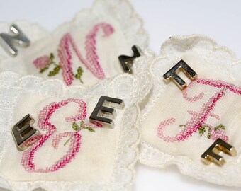 Vintage Initial Pin Set: Embroidered Pillow, Silver Gold Brooch