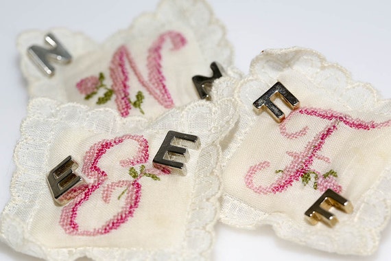 Vintage Pillow Pins - NOS Initial Pin Set with Embroidered Tiny Pillow and Pink Letter Silver Gold Brooch
