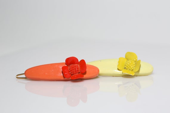 Vintage Ceramic Barrettes - NOS Hair Clip Yellow Flower Snap Accessories
