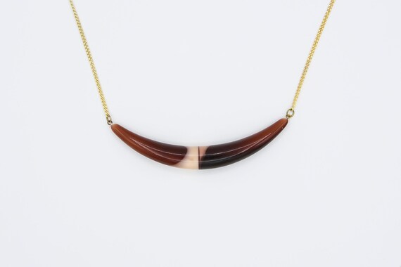 Vintage Plastic Crescent Faux Horn Pendant Charm Necklace Brown Cream Gold Chain