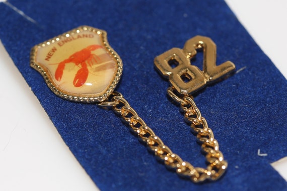 Vintage New England '82 Pin Brooch With Chain Gold Tone 1980s Souvenir Maine Lobster
