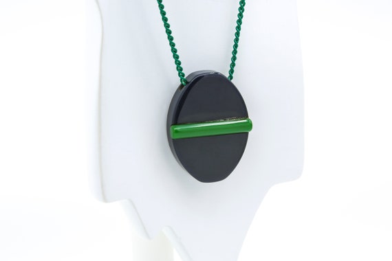 Geometric Bakelite Necklace NOS Vintage Plastic Green Navy Blue Pendant