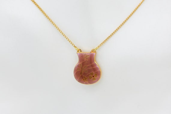 Vintage Enameled Metal Flower Vase Pendant Necklace Gold Plated Chain Dark Pink