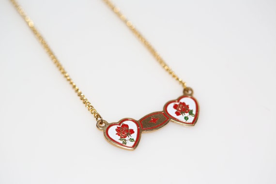 Vintage Enameled Rose Hearts Necklace: Dainty Gold Plated Red Flower Charm Pendant