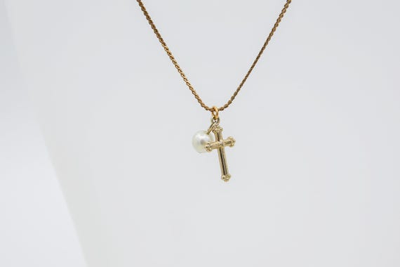 Vintage Sarah Coventry 1964 MY CHOICE Necklace Gold Plated Chain Faux Pearl Cross Pendant Charm Rare Gift