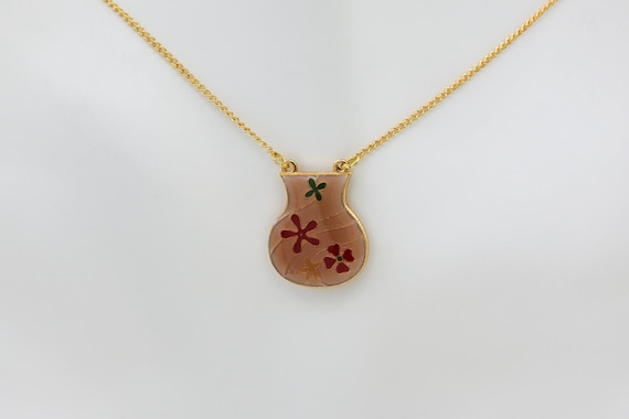 Vintage Enameled Metal Flower Vase Pendant Necklace Gold Plated Chain Light Pink