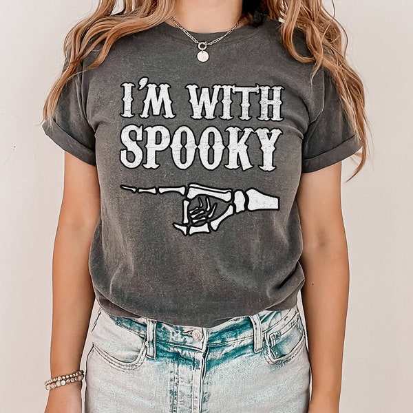 I'm With Spooky Skeleton Hand Pointing Friend Shirt for Halloween Costume, Couples Matching Costume Idea, Cute Goth Girl Outfit for Couple