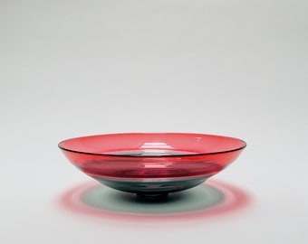 Hand Blown Incalmo Glass Bowl, Ruby and Grey, 13" diameter