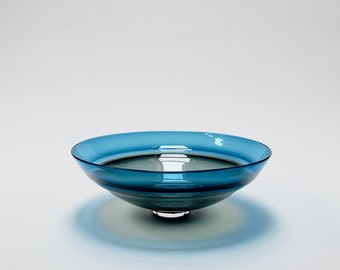 Hand Blown Incalmo Glass Bowl, Blue and Grey, 11 5/8" diameter