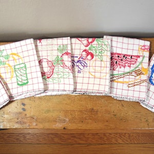 Vintage Embroidered Linen Kitchen Towel: Fruit & Vegetable Red Grid