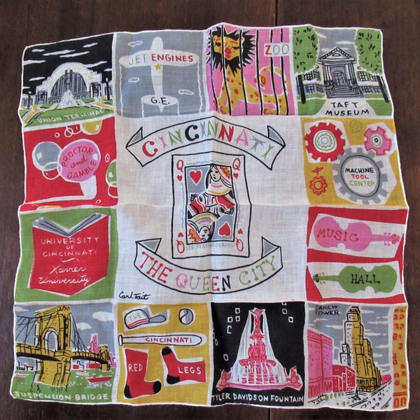 Carl Tait Cincinnati Souvenir Handkerchief The Queen City Linen Proctor & Gamble Universities Baseball Collectible