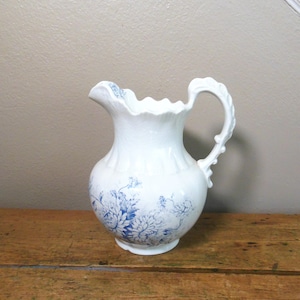Antique Admiral V. R. Co. (Vodrey Pottery) Blue Transferware Ironstone Pitcher: Floral - 8" Tall