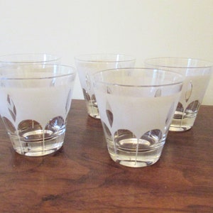 5 Mid-Century Bar Glasses Old-Fashioned &quot;Rocks&quot; Low Ball Frosted w/ Clear Rounded Arches & Flame