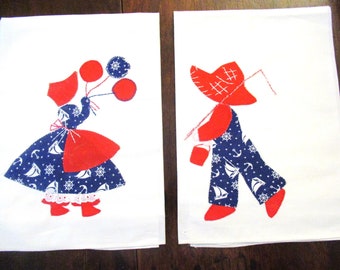 Vintage Appliqued Cotton Towels: Sunbonnet Sue & Overall Sam