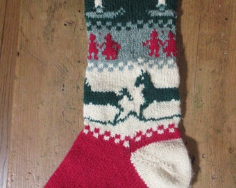 Vintage Handknitted Wool Christmas Stocking Green Red Holiday Pattern