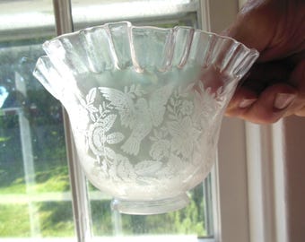 Antique Etched Glass Lamp Shade Ruffled Top: Putti, Birds, Flowers, Urns
