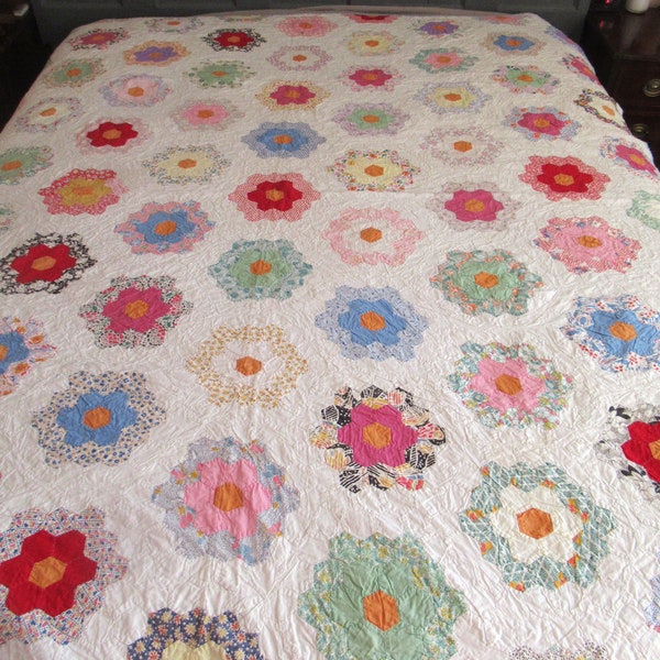 Vintage 1930's Grandma's Garden Patchwork Quilt Cotton Multi-Colors 66" X 76" Lightweight Lovely for Cottage