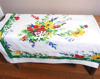 Vintage Wilendur "Cosmos" Floral Tablecloth: 54" X 67" Green Band Primary Colors