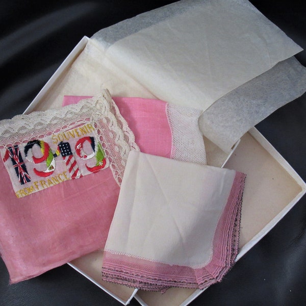 Antique Handkerchiefs (3) Pink with Lace Edges  - 1  Silk Souvenir of France 1919 - in Famous-Barr Box