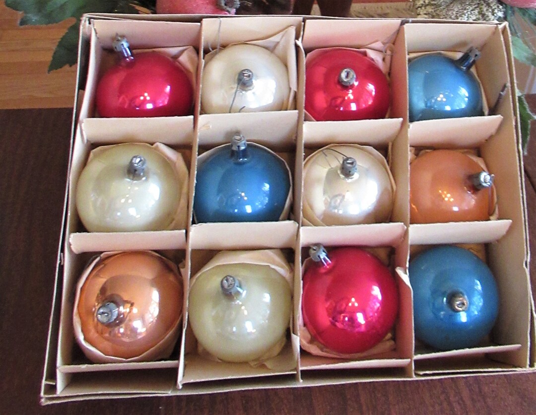 Vintage Midcentury Fantasia Christmas Ornaments 12 Mercury Glass Red Blue White Peach