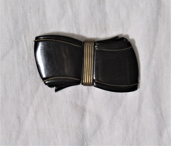 1930's Art Deco Black Bakelite Bow Belt Buckle wi… - image 2