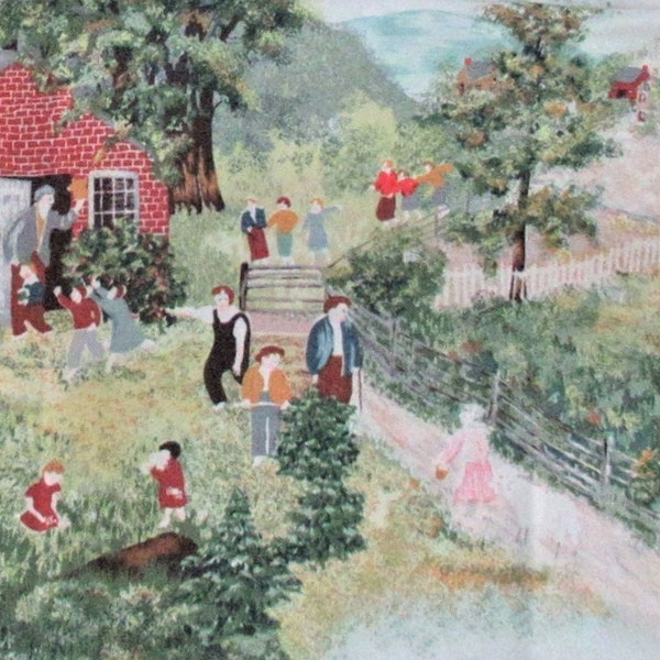 1950's Grandma Moses Barkcloth Fabric "Mary and Little Lamb" Reclaimed Drapery 48" W X18" L Excellent Condition