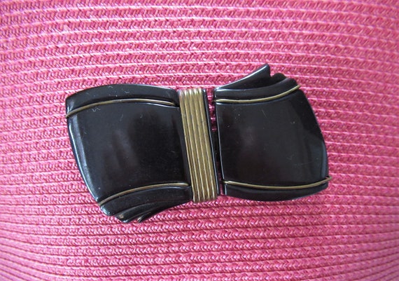 1930's Art Deco Black Bakelite Bow Belt Buckle wi… - image 1