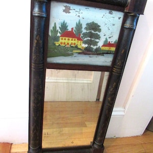 Antique Country Empire Split Column Reverse Painted Trumeau Mirror Gold Stencil on Black w/Mahogany or Walnut 15&quot; W X 30 1/2&quot; Tall