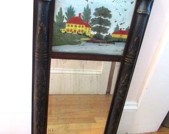 Antique Country Empire Split Column Reverse Painted Trumeau Mirror Gold Stencil on Black w/Mahogany or Walnut 15&quot; W X 30 1/2&quot; Tall