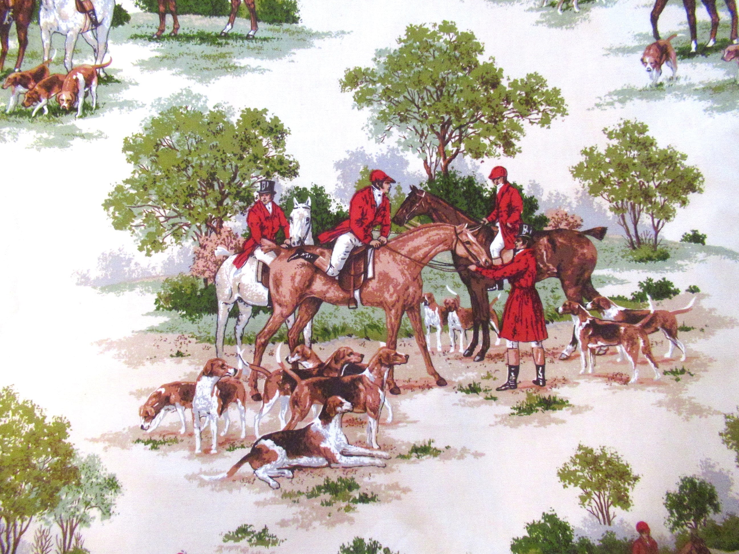 Mid-Century House 'n Home Fox Hunt Fabric 48" W Equestrian Medium Weight Cotton Vintage