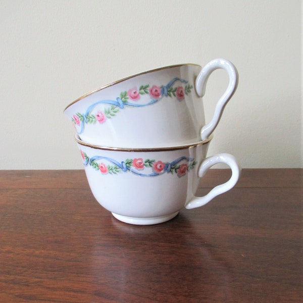 2 Vintage Hall Wildfire Tea Cups Pink Roses Blue Ribbon Excellent