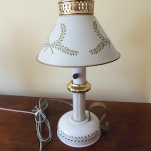 Vintage Mid-Century Small White Painted Toleware Table Lamp w/ Gold Decoration - Farmhouse - Cottage Nice Condition