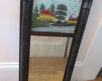 Antique Country Empire Split Column Reverse Painted Trumeau Mirror Gold Stencil on Black w/Mahogany or Walnut 15" W X 30 1/2" Tall