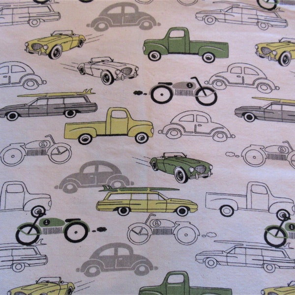 1950's VW Beetle Cars Trucks Motorcycle Cotton Fabric Print & Coordinating Stripe Green Yellow 2 Pcs.