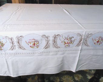 Vintage Garden State "Limoges China" Tablecloth - Border of China Teapors