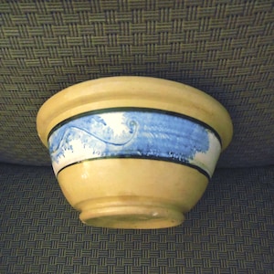 Antique Yellowware Bowl with Mocha Band & Blue Seaweed Decoration 9 1/2&quot; W X 4 1/2&quot; T Tight Hairline Cracks circa 1850 Displays Well