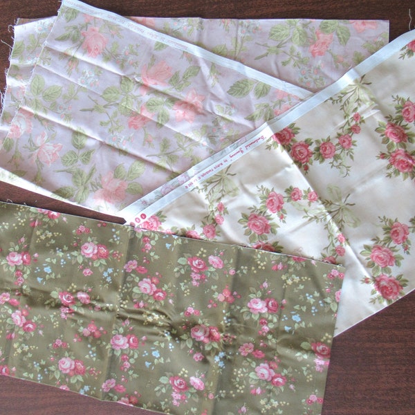 Assortment of Rose Floral Cotton Quilt Fabric 4 Fat Qtrs Robyn Pandolph Moda & SSI Cream Green Lavender Pink