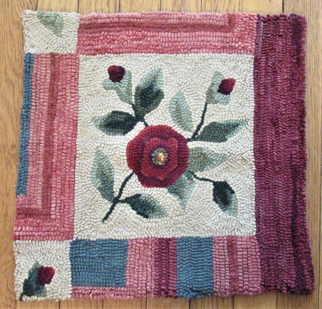 Reclaimed Vintage Wool Hooked Rug Piece Red Rose 15 Sq Cream Blue