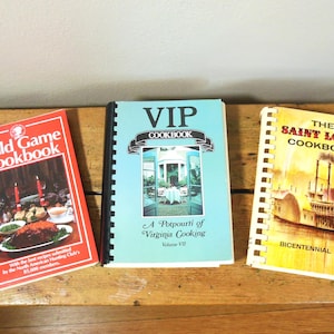 Libros de cocina de caza silvestre y regional coleccionables: libro de cocina de San Luis de 1964, libro de cocina VIP de Virginia de 1989, libro de cocina de caza silvestre de la NAHC de 1984. Usted elige