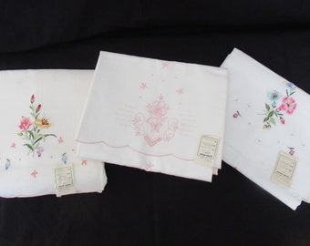 Mid-Century Embroidered Floral Cotton Pillowcases Scalloped Hem Unused 19 X29" Pretty Pastels on White Cottage Decor 3 Pairs Choose 1