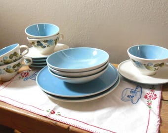 Mid-Century Iroquois Blue Vineyard Informal Dinnerware Fruit & Flowers Pattern Cup and Saucer, Salad Plate, Fruit Bowl - You Choose