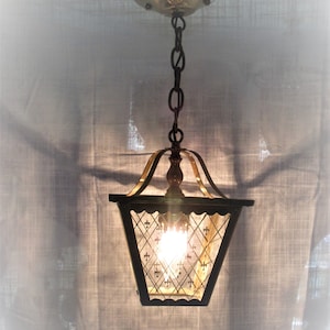 Mid-Century Brass Pendant Light w/  Black Fleur-de-Lis & Diamond Grid Print Glass Panels